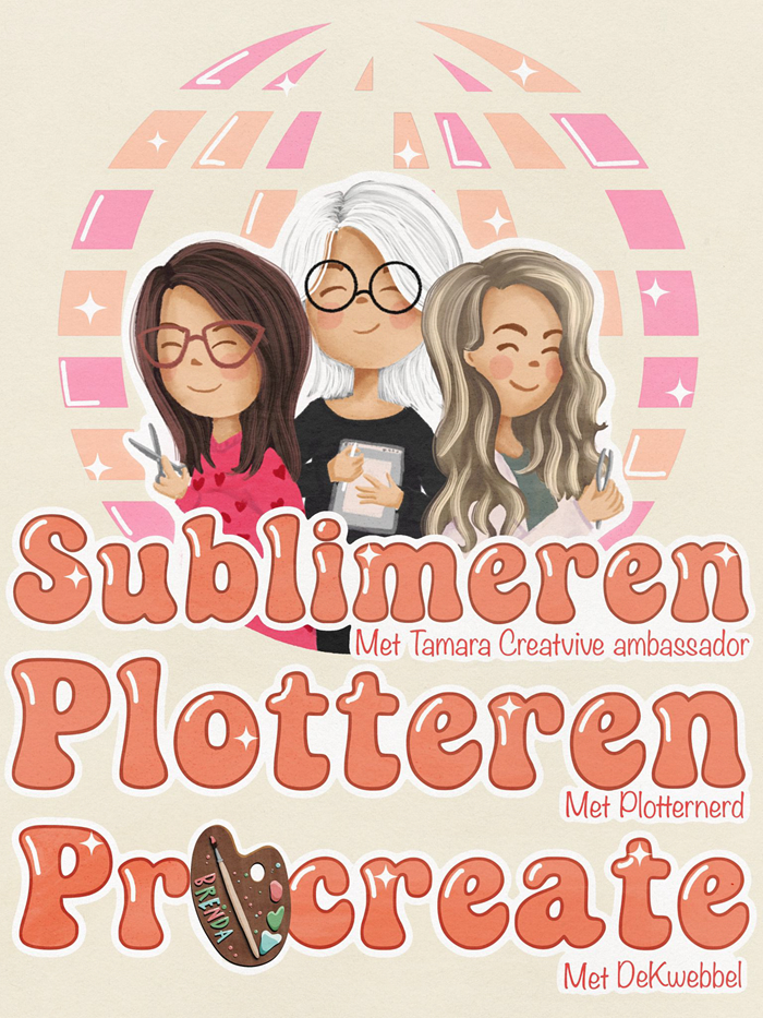 Illustratie van drie creatieve vrouwen met schaar en notitieboek; tekst “Sublimeren Plotteren Procreate” met namen eronder